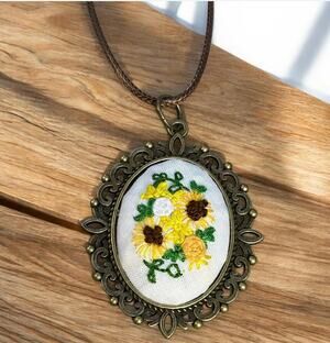 Handmade Sunflower Botanical Embroidery Cameo Necklace